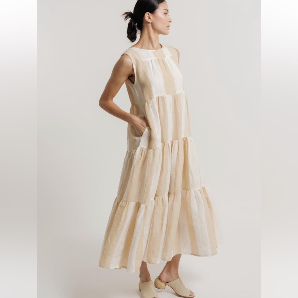 Laude The Label Tiered Organic Linen Maxi Elegant Cream Sleeveless Dress